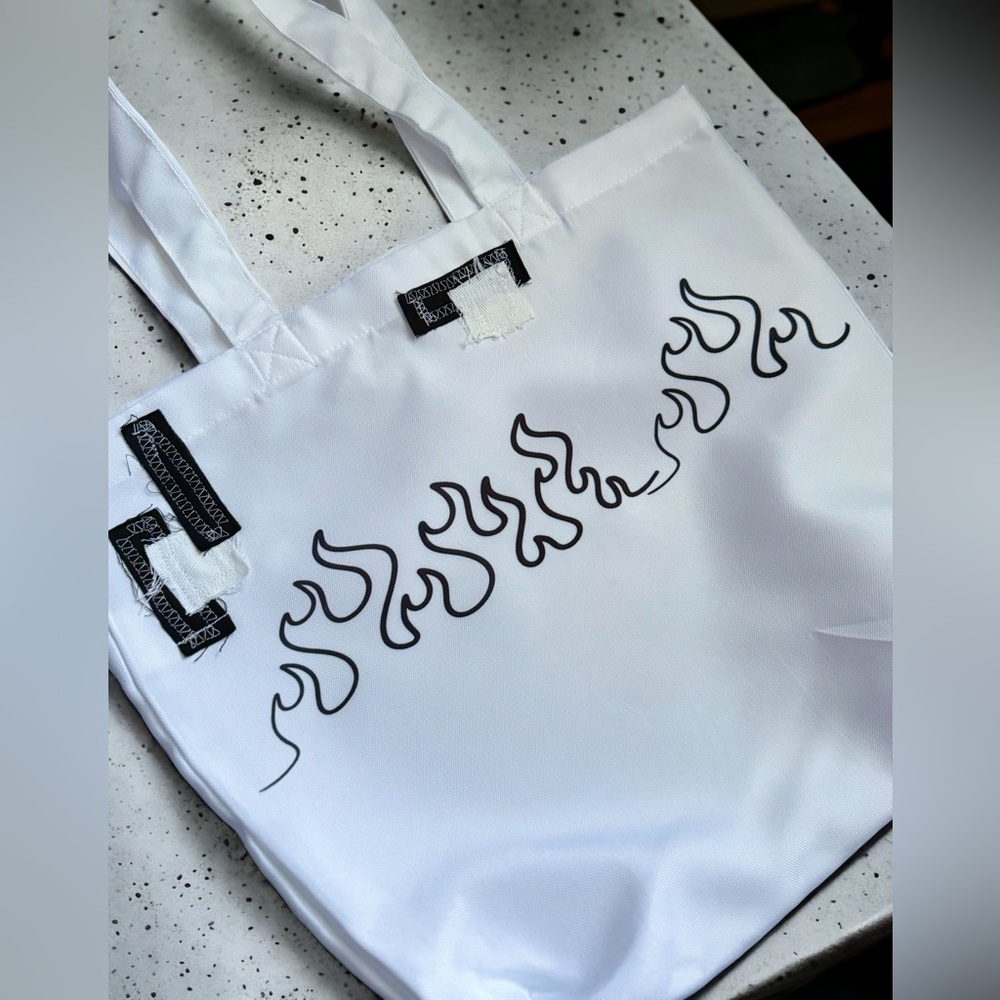Minimalistic Flame White Tote Bag Gothic Rocker Book Bag